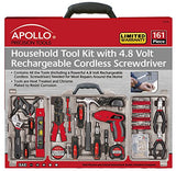 Apollo Tools DT0738 161 Piece Complete Household Tool Kit with 4.8 Volt Cordless Screwdriver and Most Useful Hand Tools and DIY accessories