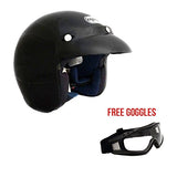 MMG 207 - Motorcycle 3/4 Open Face Helmet Snap On Visor Street Cafe Racer D O T - Glossy Black (Large) with Goggles