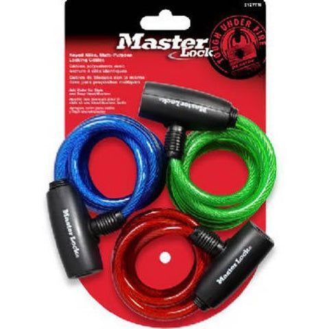 Master Lock Cable Lock, Keyed Bike Lock, 6 ft. Long, Color Assortment Pack, 8127TRI (Pack of 3-Keyed Alike)